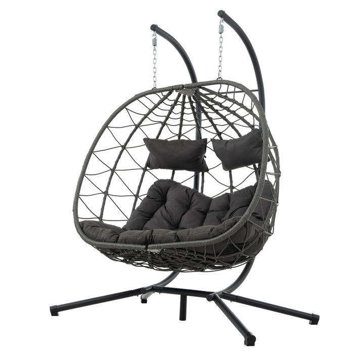 2 Persons Egg Chair with Stand Indoor Outdoor Swing Chair Patio Wicker Hanging Egg Chair Hanging Basket Chair with Stand for Bedroom Living Room Balcony - DTYStore