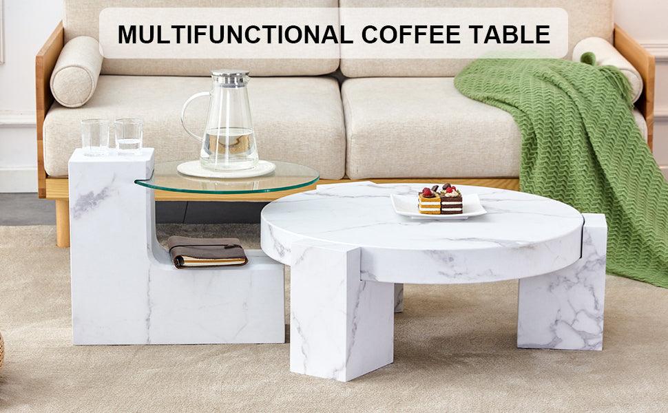 A modern, fashionable, and durable marble textured MDF coffee table with a side table. Match with multiple scenes. Suitable for living room and bedroom.