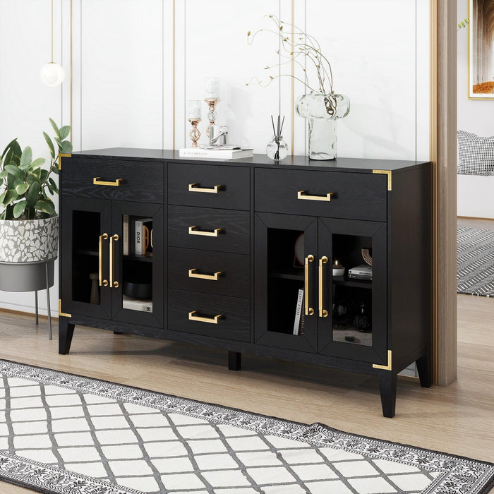 6-drawer and 2-Cabinet Retro Sideboard with Extra Large Storage Space and Gold Handles