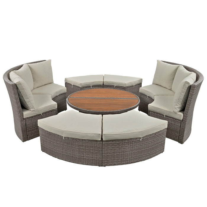 Patio 5-Piece Round Rattan Sectional Sofa Set All-Weather PE Wicker Sunbed Daybed with Liftable Table and Washable Cushions for Outdoor Poolside