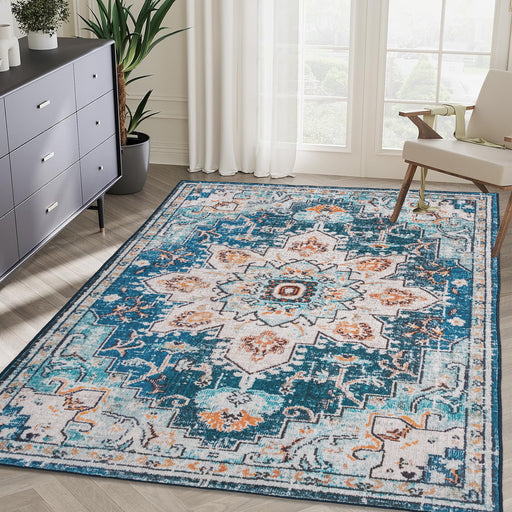 Area Rug 6x9 Vintage Bohemia Large Persian Non-slip Washable Rug For Living Room Kitchen Bedroom Living Room Flower Design Blue/Gold - DTYStore