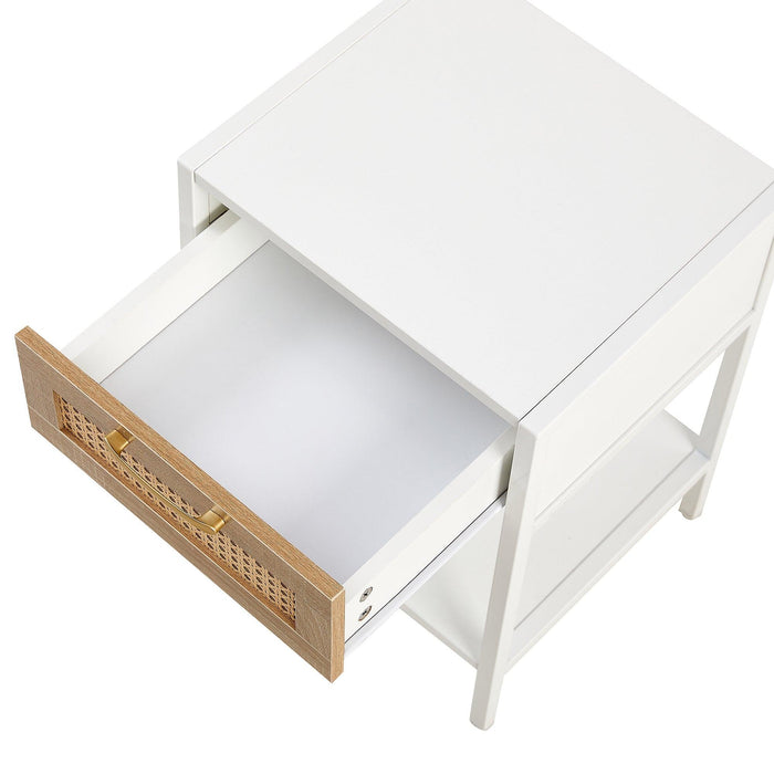 15.74" Rattan End table with drawer, Modern nightstand, metal legs,side table for living room, bedroom,white(1 pc) - DTYStore