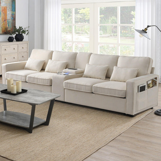 Modern Upholstered Sofa with Console, Cupholders, USB Ports, and 4 Pillows for Living Room - DTYStore