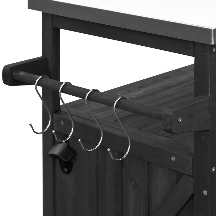 Outdoor Kitchen Island, Rolling Bar Cart & Storage Cabinet, Farmhouse Solid Wood Outdoor Grill Table with Stainless Steel Top, Spice Rack , Towel Rack for Kitchen & Barbecue, Black - DTYStore