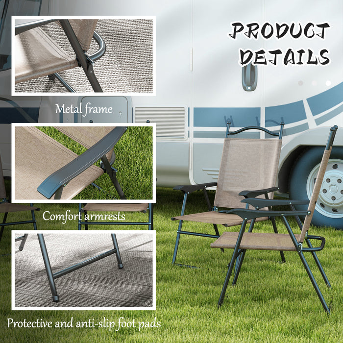 Outsunny Folding Patio Chairs, Set of 4 Sports Chairs for Adults, Camping Chairs with Armrests, Breathable Mesh Fabric Seat for Lawn, Brown - DTYStore