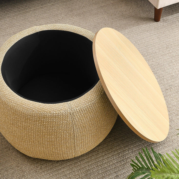 Round Storage Ottoman, 2 in 1 Function, Work as End table and Ottoman, Natural (25.5"x25.5"x14.5")