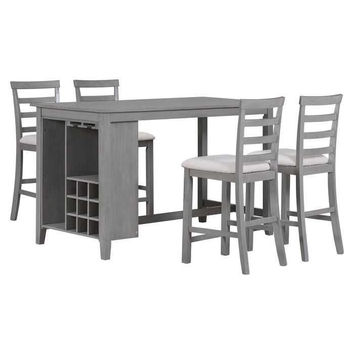 5-Piece Multi-Functional Rubber Wood Counter Height Dining Set with Padded Chairs and Integrated Wine Compartment