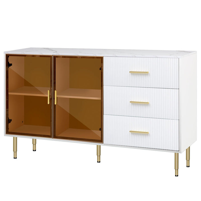 Modern Sideboard MDF Buffet Cabinet with Marble Sticker Tabletop and Glass Doors