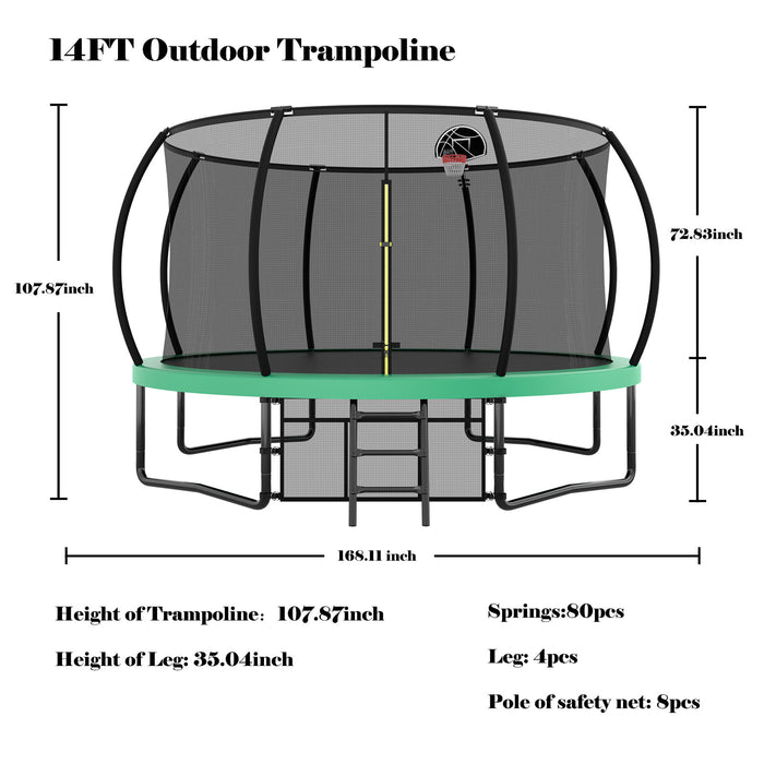 14FT Trampoline with Enclosure - Recreational Trampolines with Ladder and AntiRust Coating, ASTM Approval Outdoor Trampoline for Kids - DTYStore