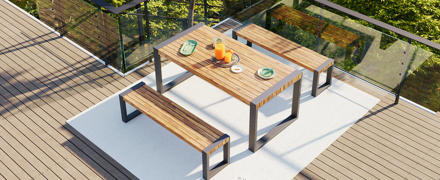 GO 3-pieces Outdoor Dining Table With 2 Benches, Patio Dining Set With Unique Top Texture, Acacia Wood Top & Steel Frame, All Weather Use, For Outdoor & Indoor, Natural - DTYStore