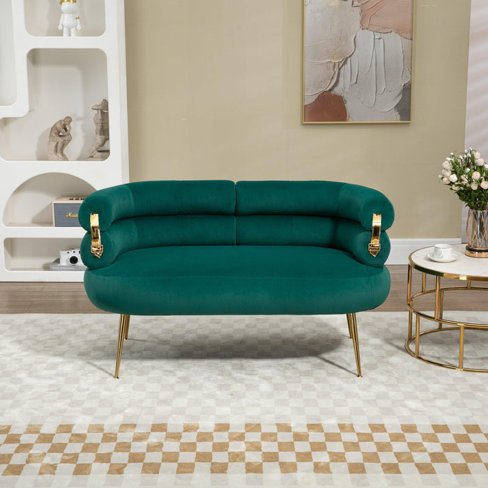 COOLMORE Small Loveseat Sofa, Upholstered Mini Couch with Curved Backrest with Stylish Golden Decor, Small Comfy Love Seat Leisure Accent Couch for Living Room, Bedroom, Office (Green)