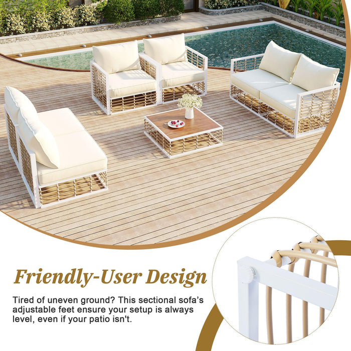 Modern Minimalist 7-Piece Metal Patio Sectional Sofa Set, All-Weather Garden Conversational Furniture Set with Thick Cushions and Coffee Table for Indoor Outdoor, White