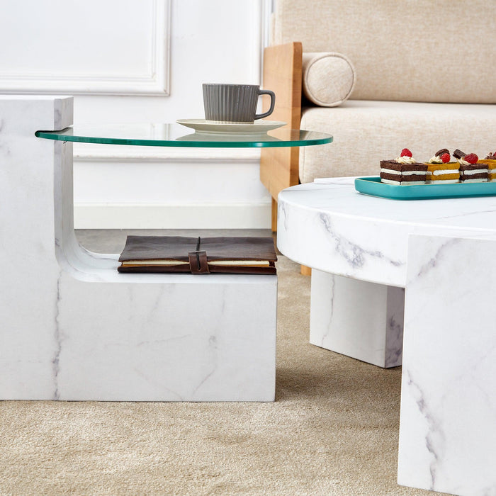 A modern, fashionable, and durable marble textured MDF coffee table with a side table. Match with multiple scenes. Suitable for living room and bedroom.