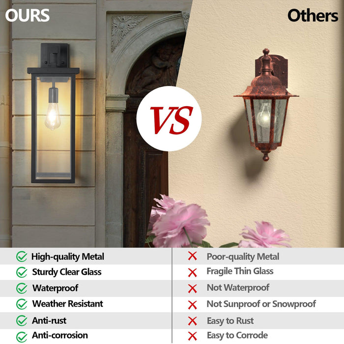 Set of 2 Modern Outdoor Wall Lanterns with Black Metal Frame and Clear Glass, Weatherproof Wall Sconces for Porch, Garage, or Entryway Lighting, E26 Bulb Compatible - DTYStore