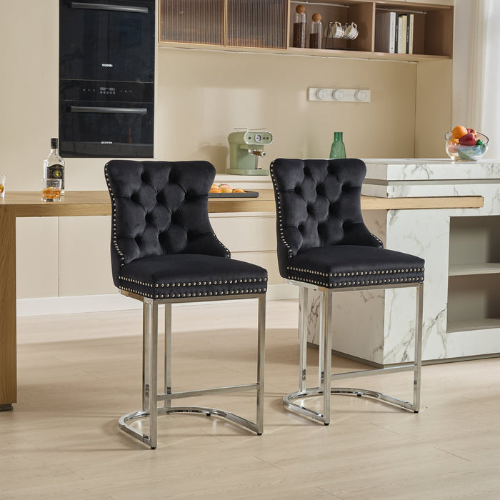 25' Counter Height Bar Stools Set of 2, Modern Velvet Barstools with Button Back&Rivet Trim Upholstered Kitchen Island Chairs with Sturdy Chromed Metal Base Legs Farmhouse Bar Stools, (Black,2 Pack) - DTYStore