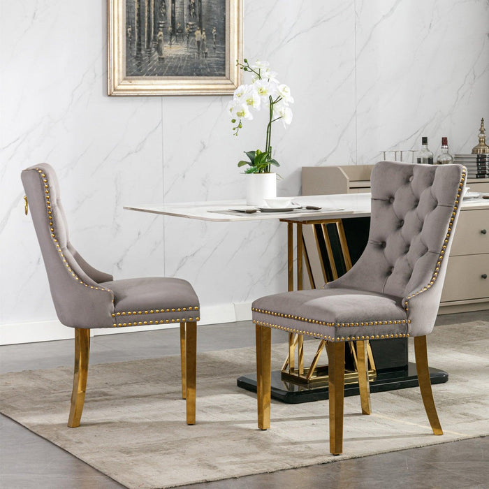 Nikki Collection Modern, High-end Tufted Solid Wood Contemporary Velvet Upholstered Dining Chair with Golden Stainless Steel Plating Legs,Nailhead Trim,Set of 2,Gray and Gold