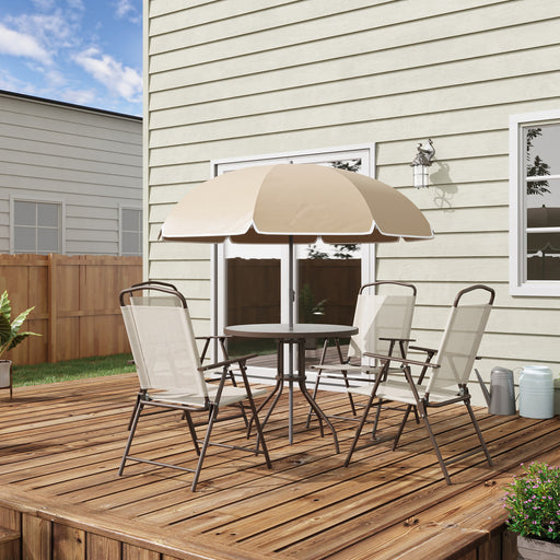 Outsunny 6 Piece Patio Dining Set for 4 with Umbrella, Outdoor Table and Chairs with 4 Folding Dining Chairs & Round Glass Table for Garden, Backyard and Poolside, Beige - DTYStore