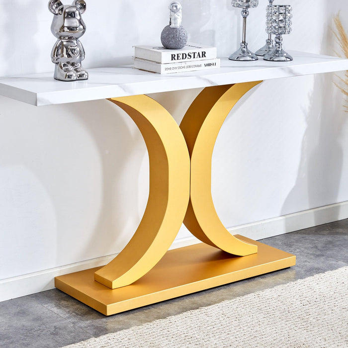 A modern minimalist style foyer table with white tabletop, gold bracket, and bottom plate, enhancing the beauty and artistic atmosphere of the home, suitable for the foyer FXG