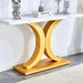 A modern minimalist style foyer table with white tabletop, gold bracket, and bottom plate, enhancing the beauty and artistic atmosphere of the home, suitable for the foyer FXG