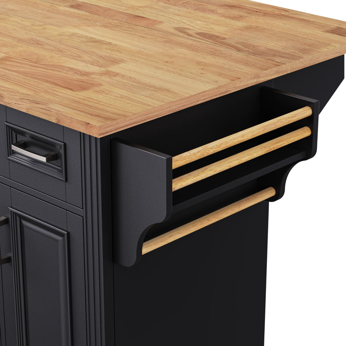 54inch Large Kitchen Island with Rubber Wood Drop Leaf, Embossed Texture Rolling Kitchen Cart on 4 Wheels with 4 Doors and 3 Drawers, Kitchen Island with Storage for Kitchen, Dining Room,Black - DTYStore