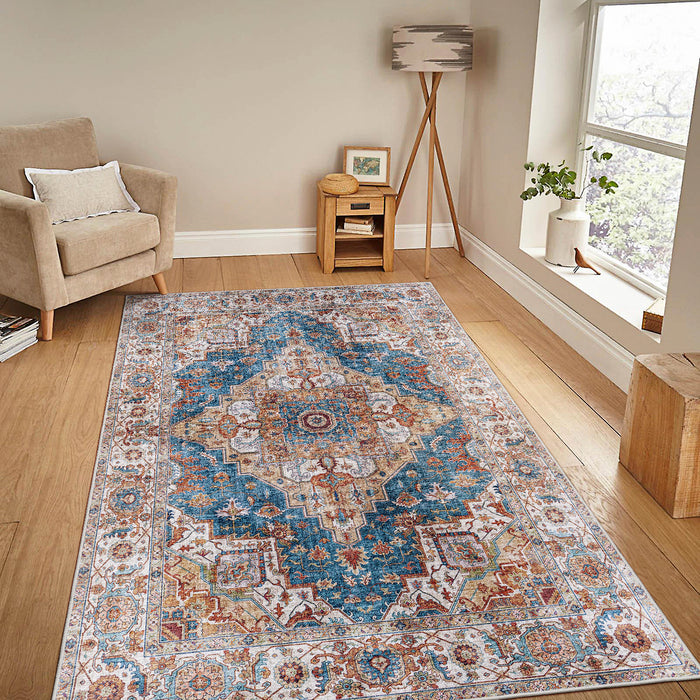 Area Rug 5x7 Vintage Bohemia Large Persian Non-slip Washable Rug For Living Room Kitchen Bedroom Living Room Flower Design Blue/Yellow - DTYStore