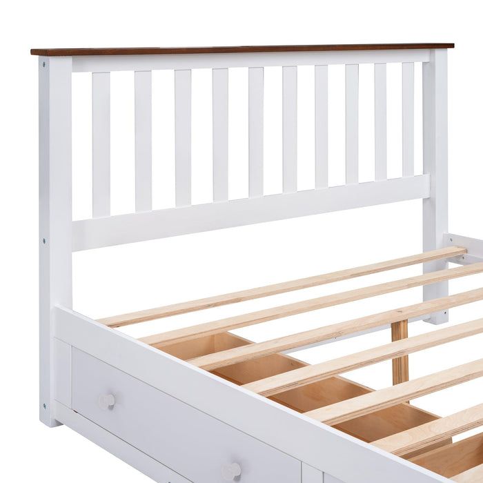 Queen Size Wood Platform Bed with Two Drawers and Wooden Slat Support,White+walnut