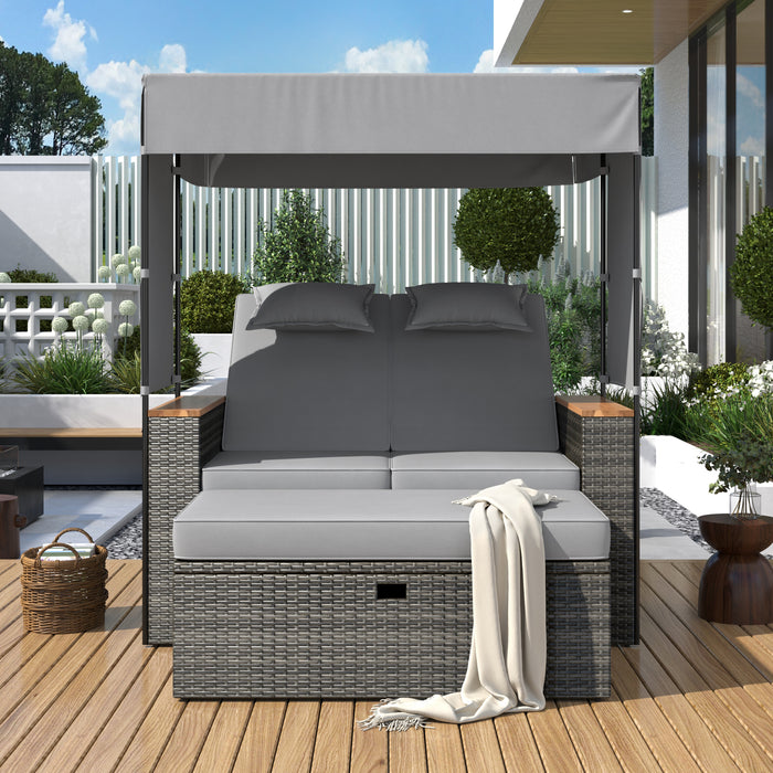 2-Piece Outdoor Rattan Daybed, Outdoor Bed with 5 Positions, Outdoor Loveseat Patio Sofa with Bench Lounge Roof Set and Cushions for Poolside, Backyard and Garden (Grey Wicker + Grey Fabric) - DTYStore