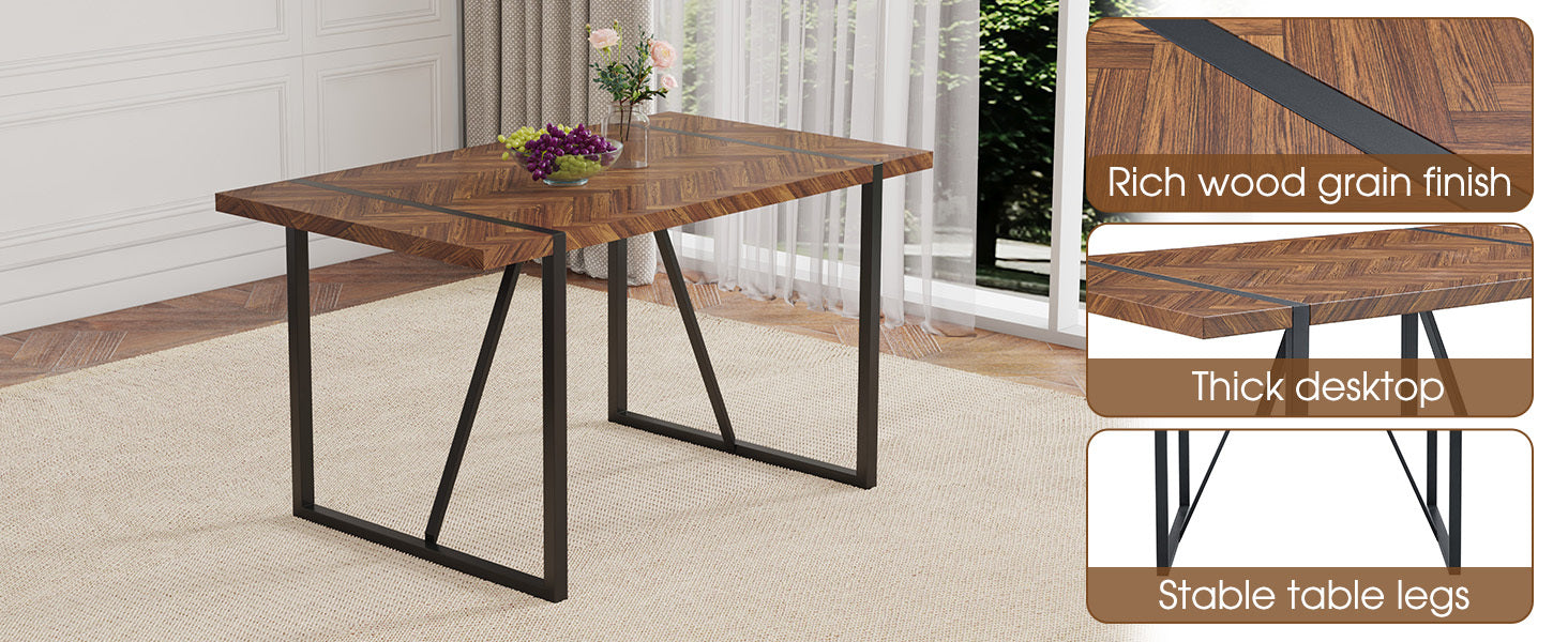 A minimalist retro rectangular dining table with a specially textured top and black metal legs.Contemporary Minimalist MDF Dark Wood Textured Tabletop.Able To Give People A Visual Beauty With Rules. - DTYStore