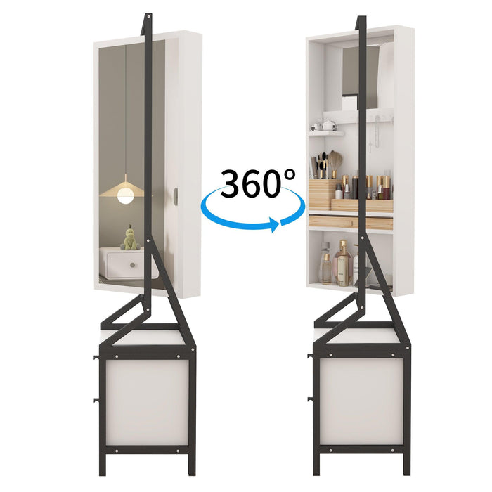 360° Swivel Jewelry Armoire & Makeup Mirror Cabinet With 2 Bottom Drawer, Rotates Freely, Spacious Storage Area, Hand-Painted & Artisan White Finish