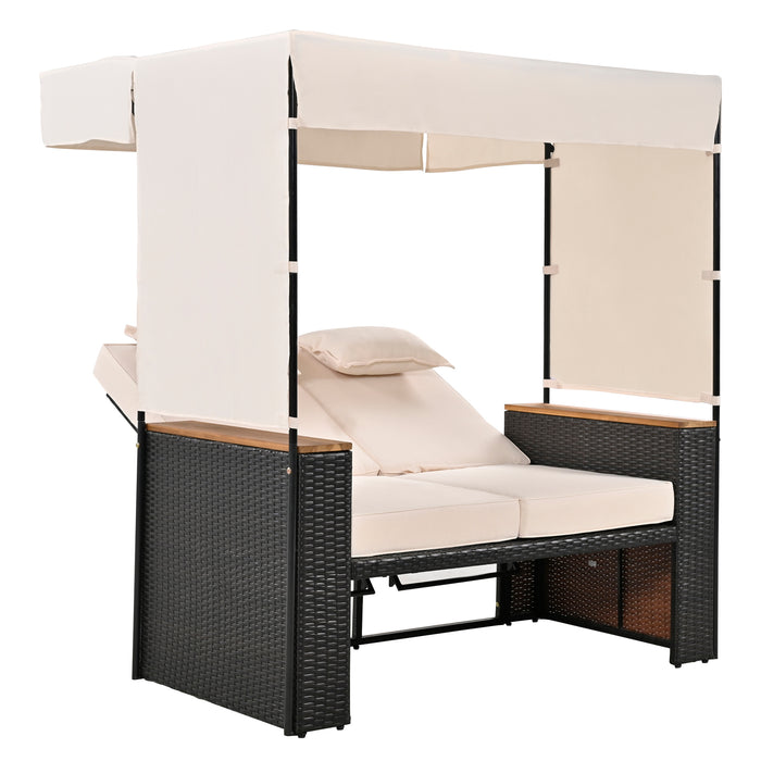 2-Piece Outdoor Rattan Daybed, Outdoor Bed with 5 Positions, Outdoor Loveseat Patio Sofa with Bench Lounge Roof Set and Cushions for Poolside, Backyard and Garden (Brown Wicker + Beige Fabric) - DTYStore