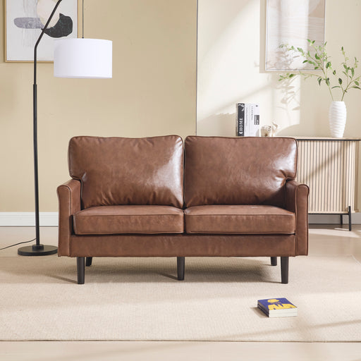 Loveseat Sofa, Mid Century Modern Love Seat, 2 Seater Sofa Couches for Living Room, Small Couch with USB & Removable Pillow Cover, Comfy Couch for Bedroom, Apartment (Brown PU) - DTYStore