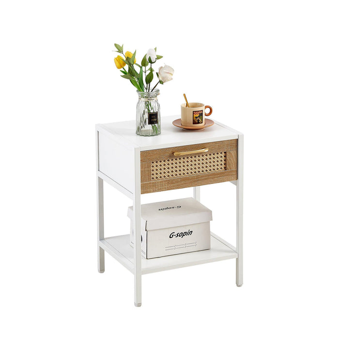 15.74" Rattan End table with drawer, Modern nightstand, metal legs,side table for living room, bedroom,white(1 pc) - DTYStore