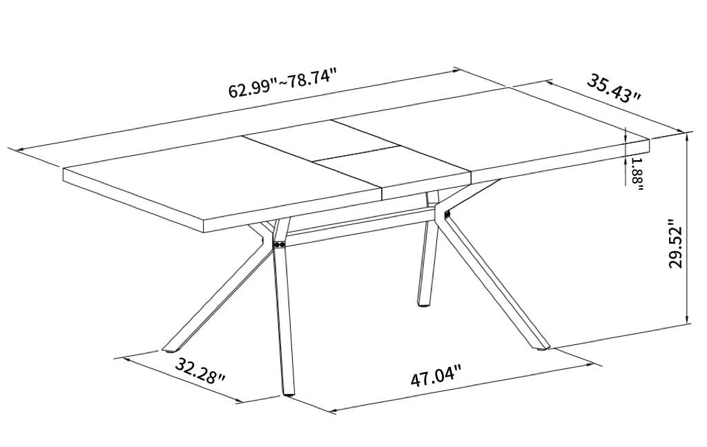 62.99"- 78.74"Retro Rectangular Stretch Table, Grey Carole Top, Black Embossed Center Plate, Walnut Color Beam, Black Fine Sand iron Foot Base Dining Table