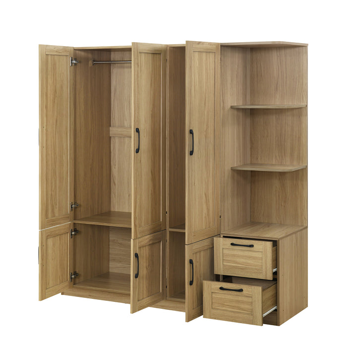 3 Door Wooden Storage Wardrobe for Dedroom with Shelves and 2 Drawers, Side Storage Shelves,Nature - DTYStore