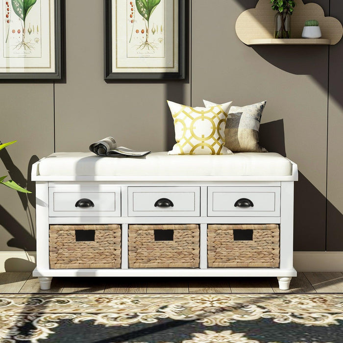 Rustic Storage Bench with 3 Drawers and 3 Rattan Baskets, Shoe Bench for Living Room, Entryway