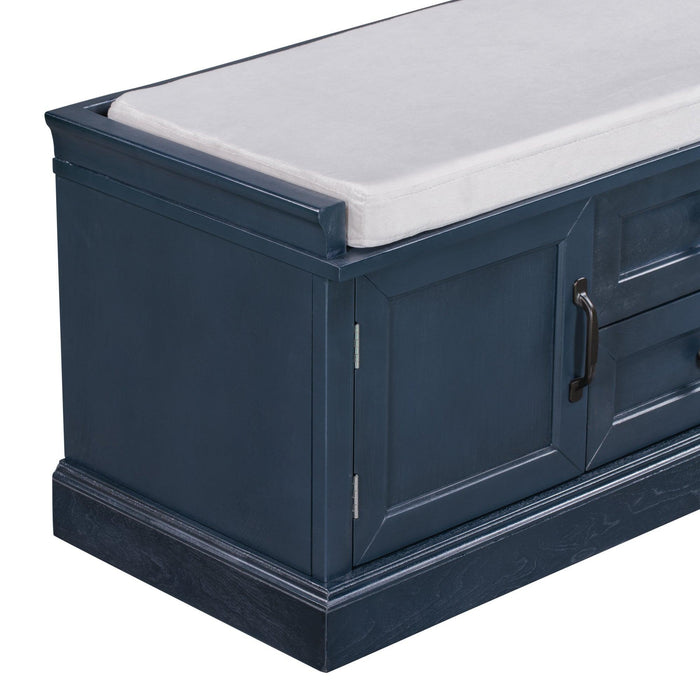 TREXM Storage Bench with 2 Drawers and 2 Cabinets, Shoe Bench with Removable Cushion for Living Room, Entryway (Antique Navy)