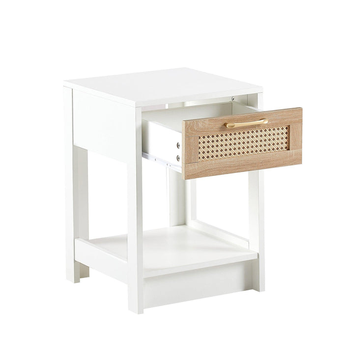 15.75" Rattan End table with drawer, Modern nightstand, side table for living room, bedroom,white - DTYStore