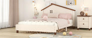 Full Size Wood Platform Bed with House-shaped Headboard (Cream+Walnut)