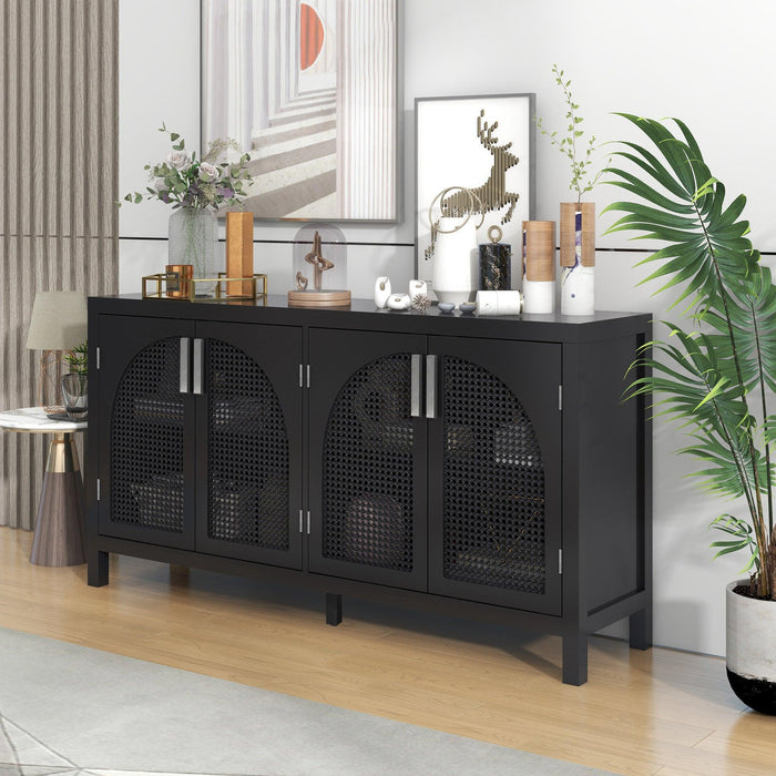 TREXM Large Storage Space Sideboard with Artificial Rattan Door and Metal Handles for Living Room and Entryway (Black)