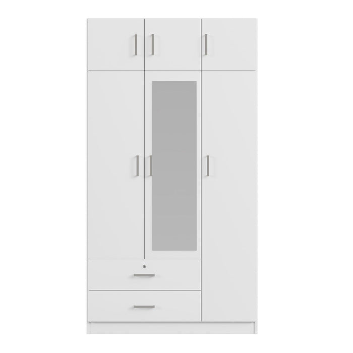 3-Door Mirror Wardrobe with 2 Drawers and Top Cabinet