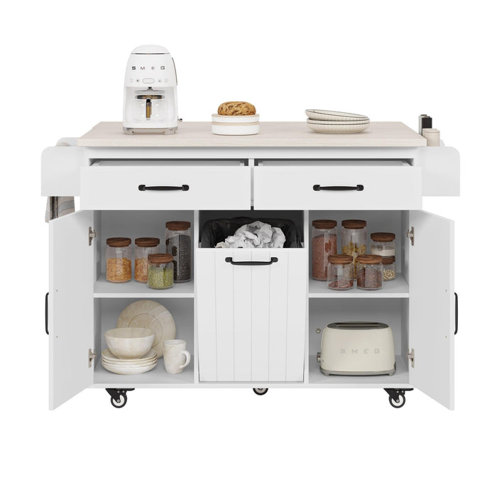 Kitchen Island with Trash Can Storage Cabinet, Kitchen Cart with Drop Leaf, Spice Rack, Towel Rack and Drawer, Rolling Kitchen Island on Wheels with Adjustable Shelf, White - DTYStore