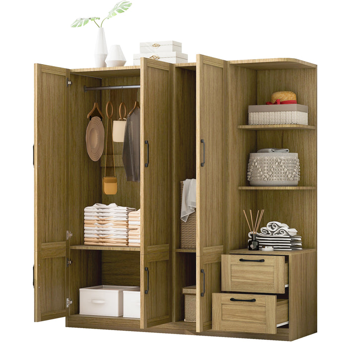 3 Door Wooden Storage Wardrobe for Dedroom with Shelves and 2 Drawers, Side Storage Shelves,Nature - DTYStore