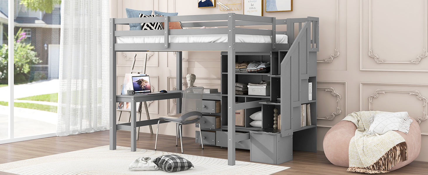 Full Size Loft Bed with L-Shaped Desk and Drawers, Cabinet and Storage Staircase, Gray - DTYStore