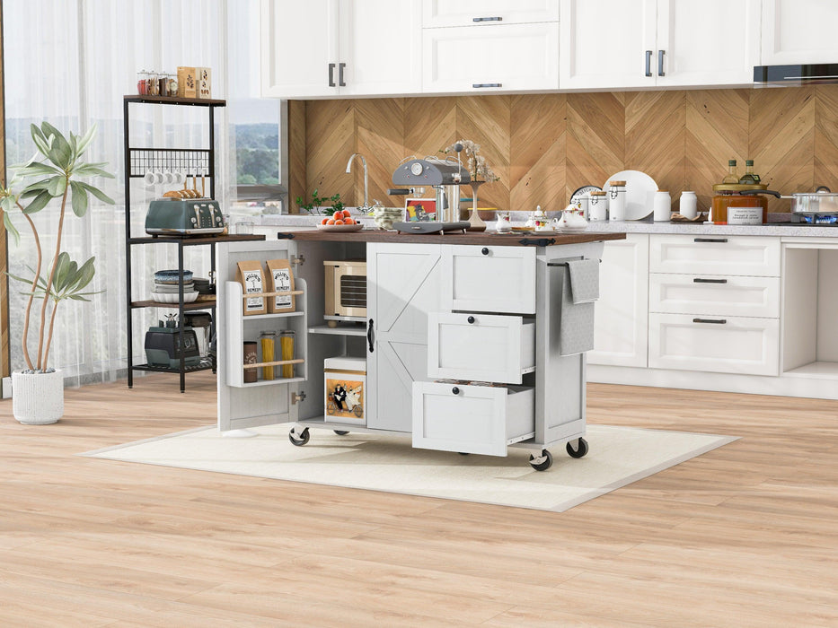 54.5" Farmhouse Kitchen Island with Power Outlet, Kitchen Storage Island with Internal Storage Rack, Drop Leaf, Spice Rack, Rolling Kitchen Cart on Wheels, for Home, Kitchen and Dining Room,White - DTYStore