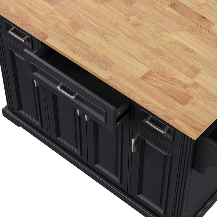 54inch Large Kitchen Island with Rubber Wood Drop Leaf, Embossed Texture Rolling Kitchen Cart on 4 Wheels with 4 Doors and 3 Drawers, Kitchen Island with Storage for Kitchen, Dining Room,Black - DTYStore