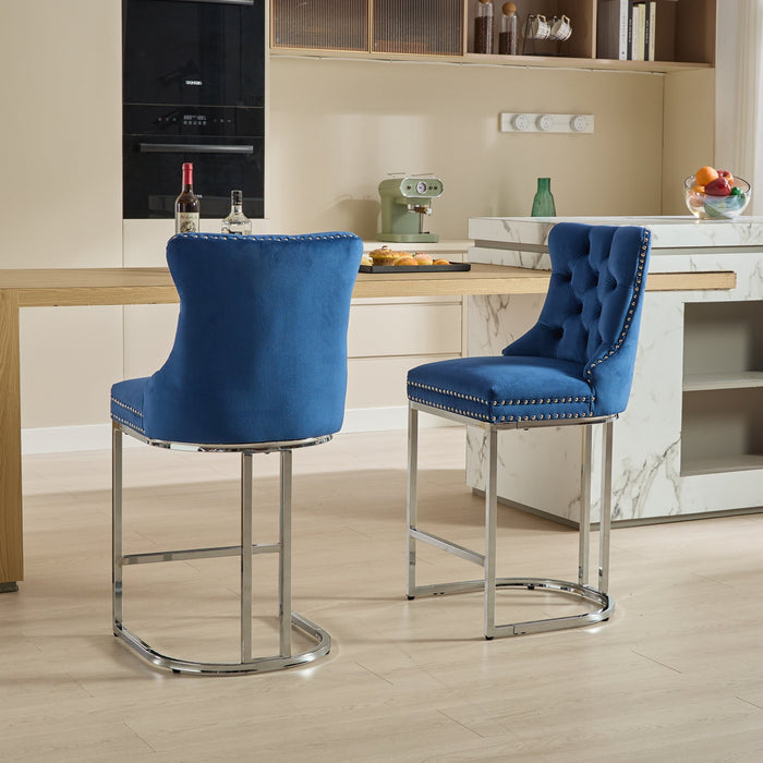 25' Counter Height Bar Stools Set of 2, Modern Velvet Barstools with Button Back&Rivet Trim Upholstered Kitchen Island Chairs with Sturdy Chromed Metal Base Legs Farmhouse Bar Stools, (Blue,2 Pack) - DTYStore