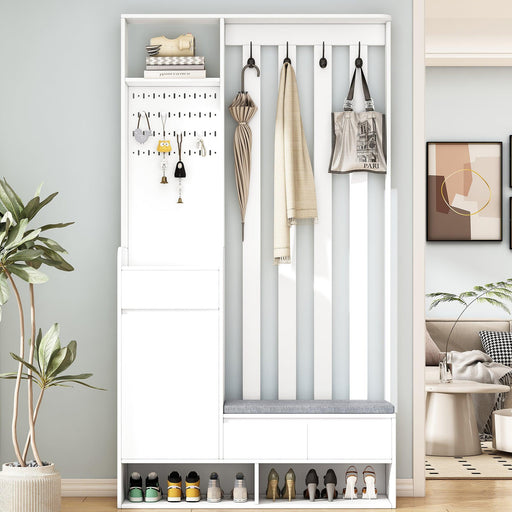 Contemporary 39.3''Wx70.8''H Hall Tree Storage with Cushioned Storage Bench, Multifunctional Hallway Shoe Cabinet with Pegboard, Modern Coat Rack with 4 Hooks for Entryway, Mudroom, White - DTYStore