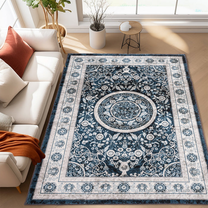 Area Rug 5x7 Vintage Bohemia Large Persian Non-slip Washable Rug For Living Room Kitchen Bedroom Living Room Flower Design Navy Blue - DTYStore