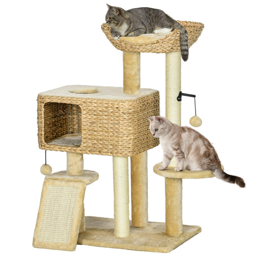 38" Cat Tree for Indoor Cats, Cat Tower with Scratching Posts, Ramp, Condo, Toy Balls, Platform, Bed, Ramp, Beige - DTYStore