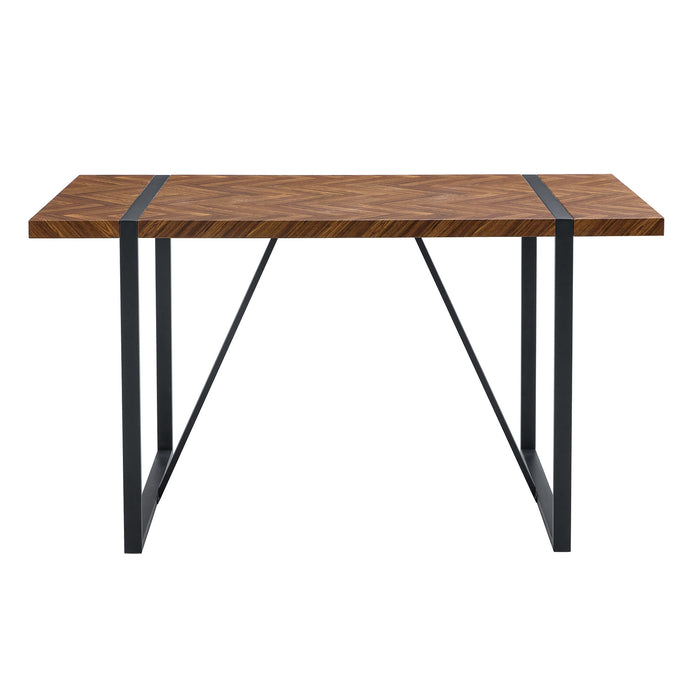 A minimalist retro rectangular dining table with a specially textured top and black metal legs.Contemporary Minimalist MDF Dark Wood Textured Tabletop.Able To Give People A Visual Beauty With Rules. - DTYStore